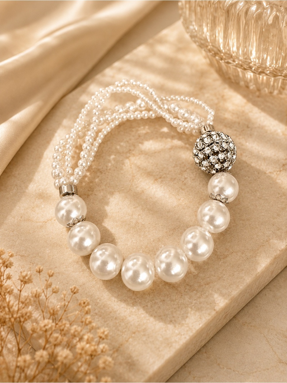 Elegant White Pearl Strand Bracelet with Crystal Accent